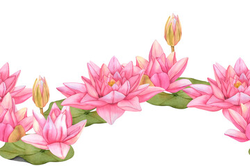 Hand drawn Watercolor Seamless Border with pink Lotus Flowers and leaves. Water Lily botanical Illustration on isolated background. Pink tropical Flowers for invitations, print and card design