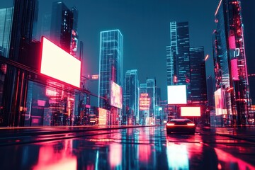 A futuristic cityscape at night. with holographic.