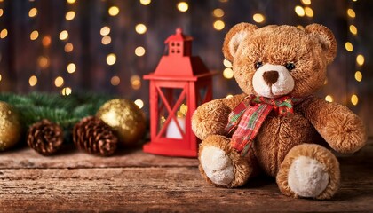 christmas card with teddy bear pacels on wooden background