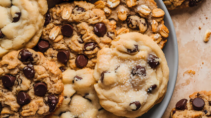 Delicious assortment of freshly baked cookies on a plate, featuring chocolate chip, oatmeal, and various textures, perfect for dessert lovers and baking enthusiasts.