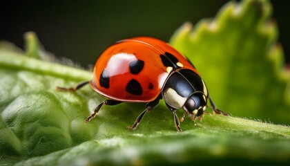 Obraz premium ladybug spotless coccinellidae macro on a green leaf in natural light