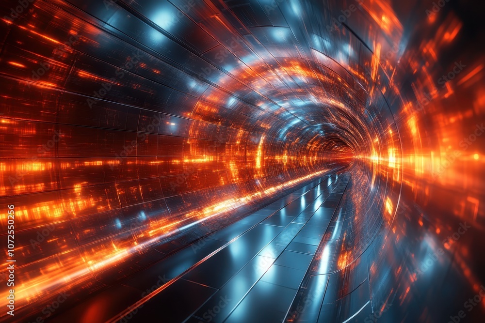 Poster dynamic visualization of energy waves traveling through a futuristic tunnel at high speed