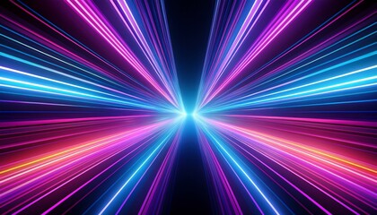 vibrant neon light rays background glowing blue and purple lines in space tunnel