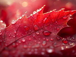 Fototapeta premium Macro shot of a maple leaf in bright red dew drops