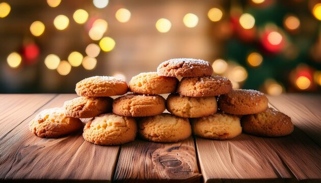 traditional homemade coconat coockies staked on a wooden table blurred background copy space