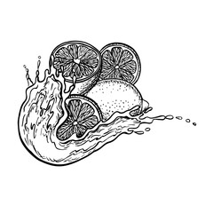 Lemons in a splash of juice. Vector graphic illustration of sliced juicy lemon. Black and white hand drawn image of citrus fruits. For menus, labels, recipes, packaging.