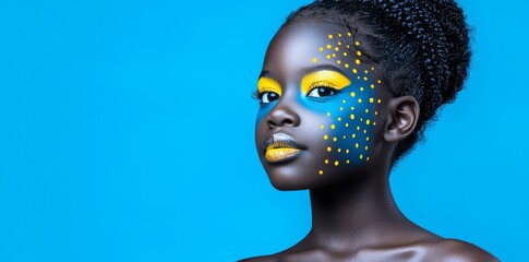 On black background there is a portrait of an african-american woman in a close up position. The image represents Juneteenth Freedom Day Celebration and the African Liberation Day concept.