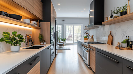 Cuisine Moderne sur un Pan de Mur avec Éléments en Bois et Finitions Noires