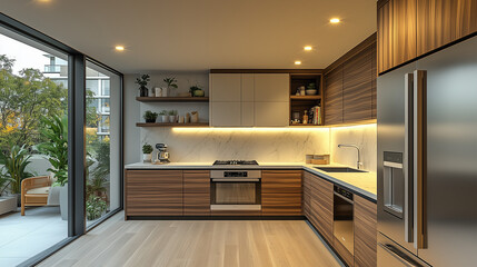 Cuisine Moderne sur un Pan de Mur avec Éléments en Bois et Finitions Noires