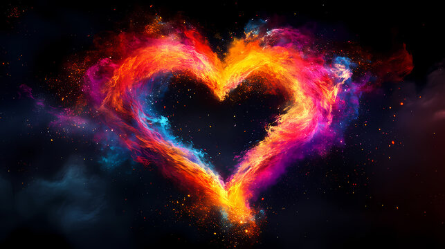 Colorful explosion of vibrant colors, forming the shape of an open heart in space. high speed photography against a dark background captures a colorful explosion. Vibrant. Illustration