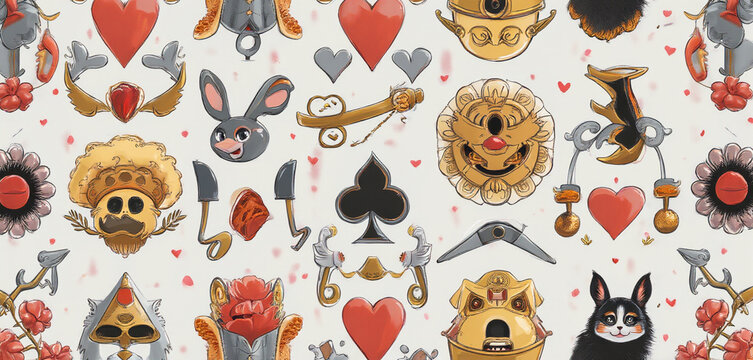 Seamless pattern of vintage playing cards with whimsical designs on a white background