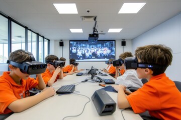 A high-tech classroom of the future, with students using augmented reality glasses. School.