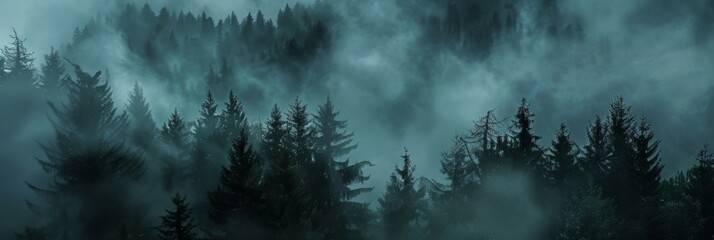 Misty foggy forest, fir mountains, natural mist landscape, dark woods view, mystery clouds on pine trees