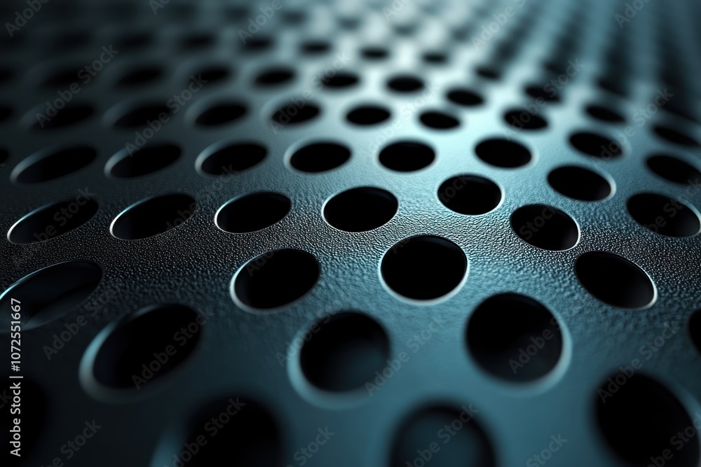 Poster close-up of a textured metallic surface featuring evenly spaced circular perforations and shadows