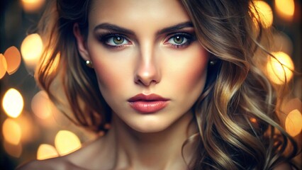 Fototapeta premium closeup of young beautiful woman model eyes intense gaze with light makeup soft lighting calm expression portrait beauty cosmetic 