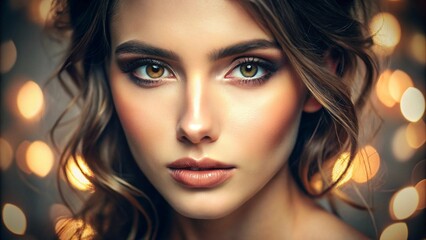 Fototapeta premium closeup of young beautiful woman model eyes intense gaze with light makeup soft lighting calm expression portrait beauty cosmetic 