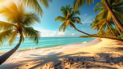Obraz premium Tropical Paradise Beach Escape , Serene beach scene with swaying palm trees framing white sand and turquoise ocean waters. A bright blue sky adds to the idyllic atmosphere.