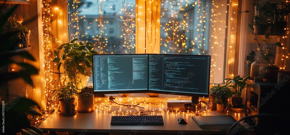 Poster cozy home office with string lights, plants and two monitors with code on the screen.