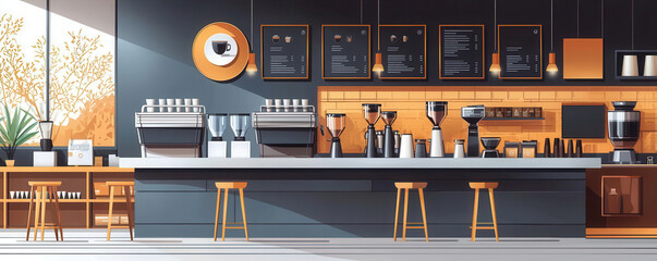 Modern coffee shop with tech-infused design, Cinnamon Slate hues, flat design illustration