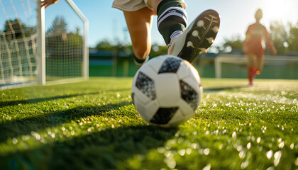 Close up of female soccer player kicking the ball at the goal