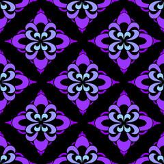 seamless symmetrical pattern of abstract purple geometric shapes on a black background, texture