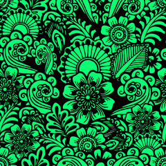 seamless floral black and green pattern of stylized elements, texture, design
