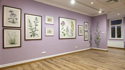 Botanical Art Gallery Interior with Purple Walls and Wooden Floors