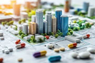 Colorful miniature cityscape with buildings and scattered pills on a board game layout