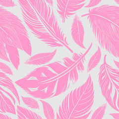 Obraz premium simple two-color seamless pattern of pink feathers on gray background, texture