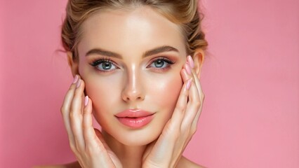 Fototapeta premium beautiful young woman with natural makeup soft expression hands near face beauty portrait cosmetic skincare 