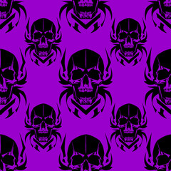 seamless symmetrical pattern of black human skulls on a purple background, texture, design
