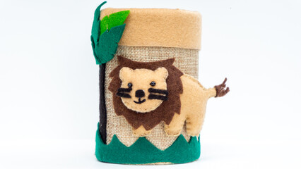 Brown handmade pencil case using second hand with lion motif