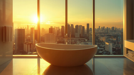 Fototapeta premium Modern style bathroom interior with a bathtub in the center and city view