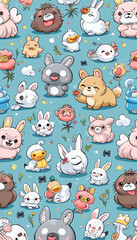 Seamless Pattern of Cartoon Animals and Toys on a Colorful Background