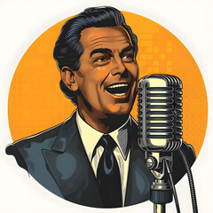 Isolated Portrait of Announcer Holding Microphone on Transparent Background