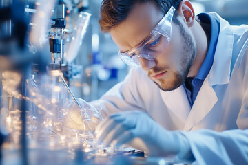 The scientist meticulously analyzes samples in a modern laboratory setting, showcasing dedication to research