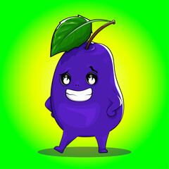 Plum, cartoon plum fruit with purple skin, Funny cartoon character made of plum fruits, sticker, label, marmalade, graphic element, vector