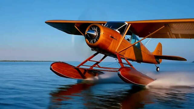 Orange classic seaplane with floats landing on calm blue water, vintage aviation and adventure travel concept.