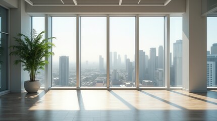 Obraz premium Modern Open Office Space with Cityscape View and Minimalist Decor Bright Workspace