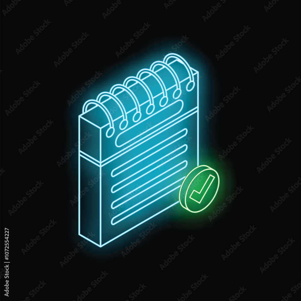 Poster glowing neon line notebook with to do list or writing pad and check mark icon isolated on black back