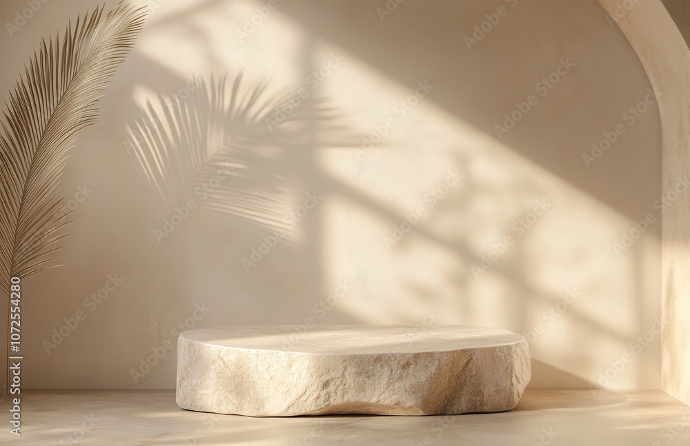 Poster empty stone podium on beige background with palm leaf shadow for product presentation