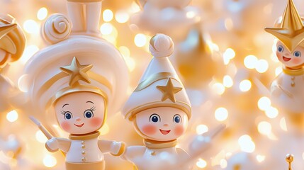 Smiling cherub ornaments with star accents on a festive background