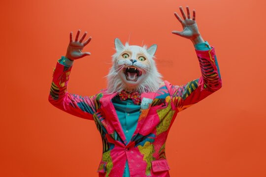 Freak in cat mask dancing, masquerade, absurd carnival, having fun in costume party, weird mask head