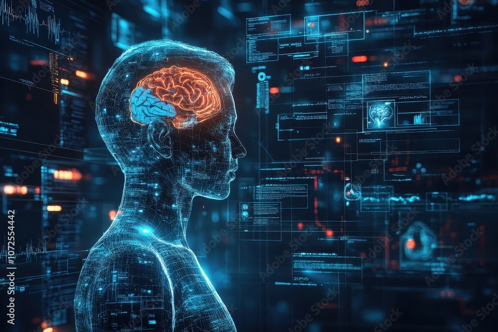 Poster digital brain visualization with data overlays in a futuristic environment