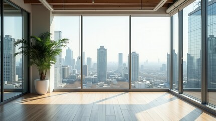 Obraz premium Modern Open Office Space with Cityscape View and Minimalist Decor Bright Workspace