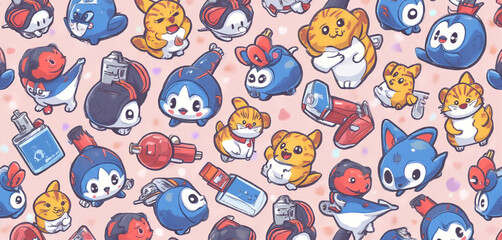 Seamless Pattern of Cartoon Characters with Roses on a Soft Pink Background