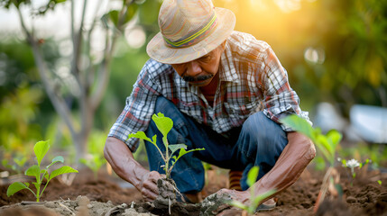 Fototapeta premium Portrait of Farmer Planting Seeds in Rich Farmland Soil
