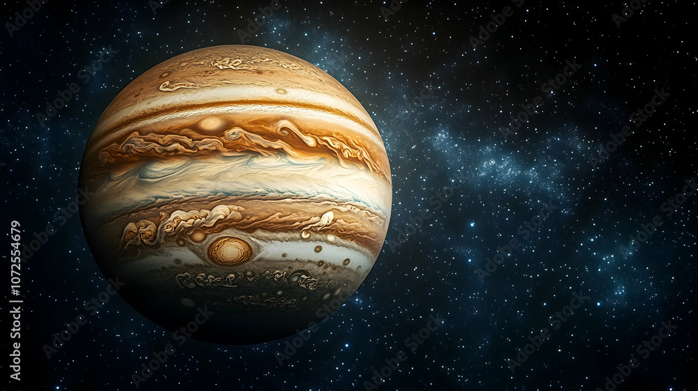 Poster jupiter planet floating in space, showcasing its vast atmosphere and features -