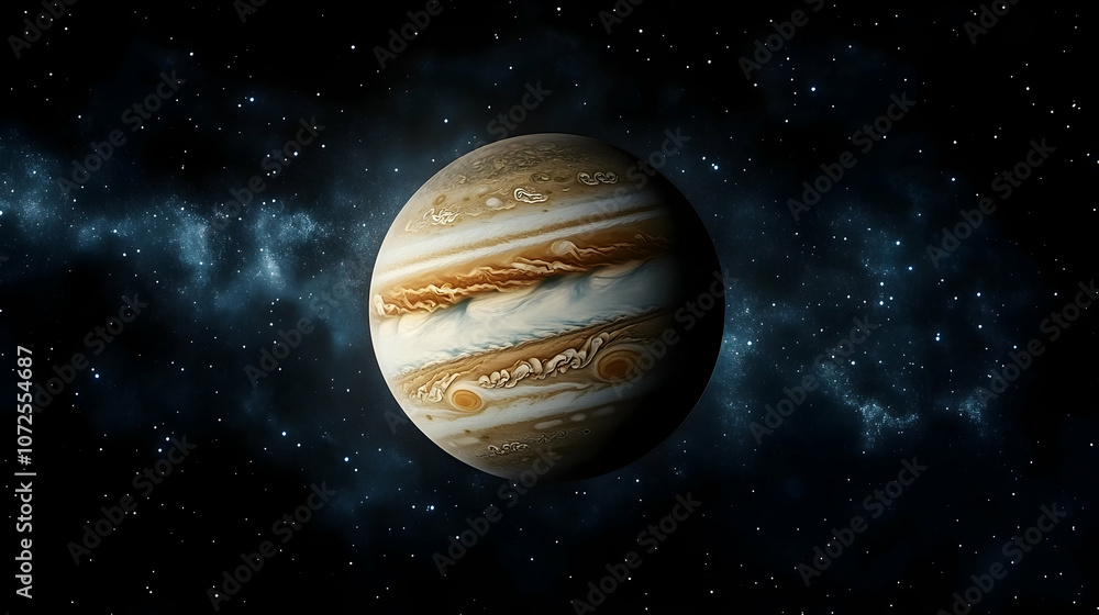 Poster jupiter planet floating in space, showcasing its vast atmosphere and features -