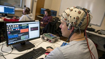 Man wearing a brainwave monitoring headset in a computer lab